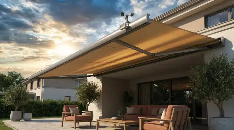 Retractable awning over outdoor patio with seating and potted plants during sunset