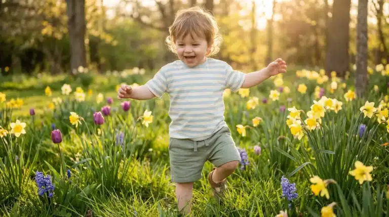 Toddler in striped shirt running through field of yellow and purple flowers in sunlight
