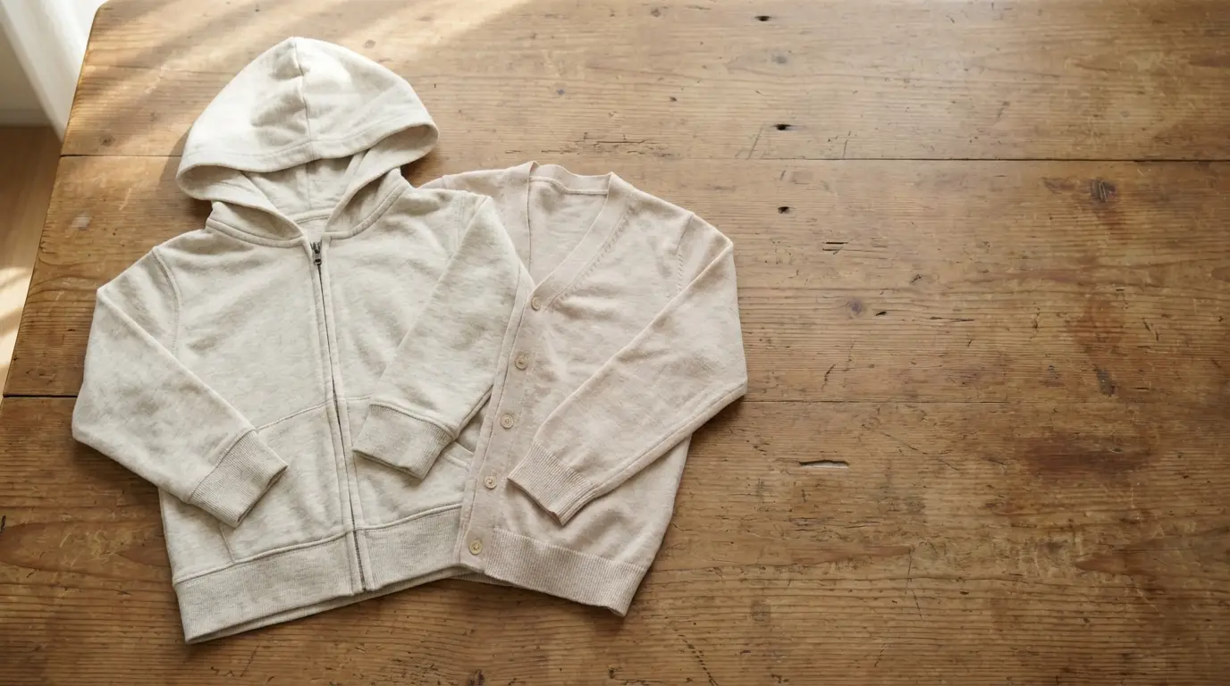 Beige hoodie and cardigan on rustic wooden table in natural light