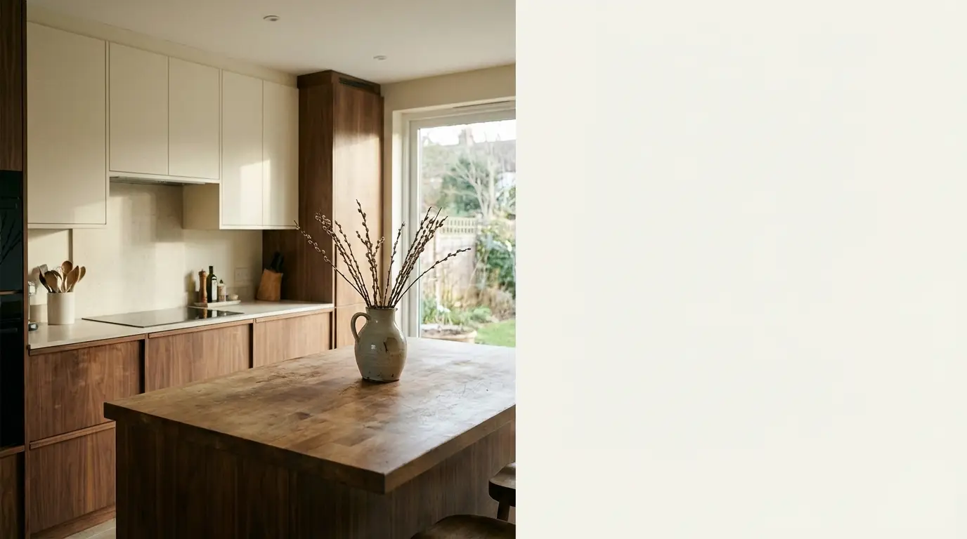 Rustic kitchen with wooden cabinets and island, ceramic vase on countertop, natural light from window