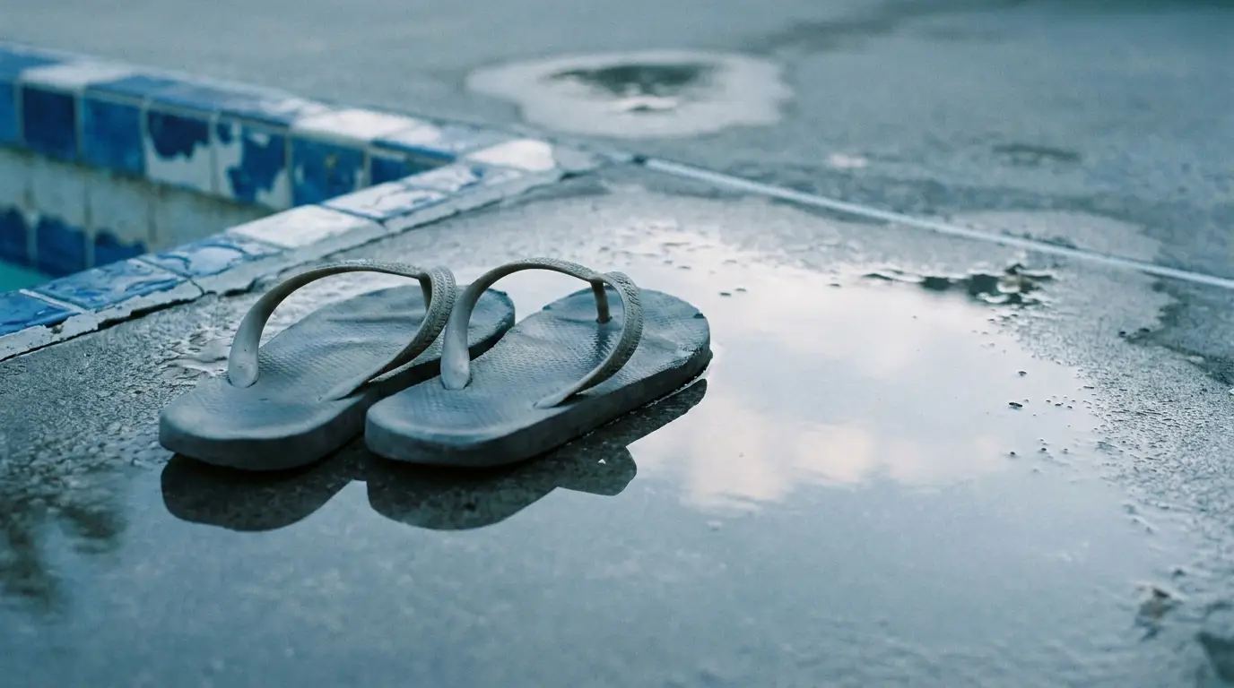Flip-flops on wet poolside tile near blue-tiled swimming pool edge