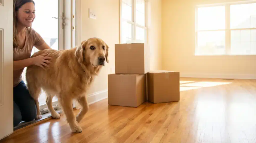 Woman with golden retriever entering sunlit room with moving boxes on hardwood floor