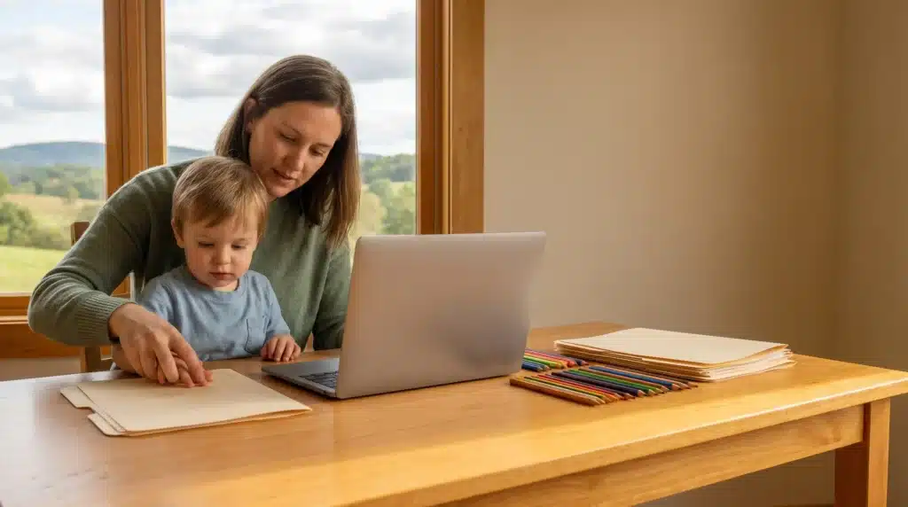Mother and child working at wooden desk with laptop and colored pencils in sunny room