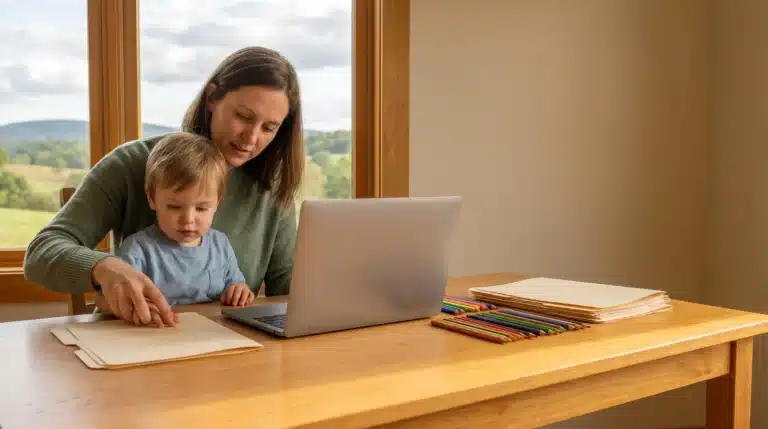 Mother and child working at wooden desk with laptop and colored pencils in sunny room