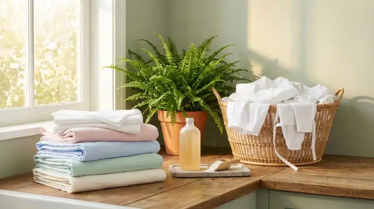 Folded pastel linens and laundry basket with detergent and plant in sunlit laundry room