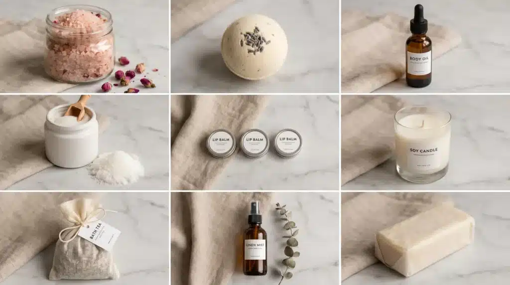 A DIY spa gift set featuring homemade bath salts, a lavender soy candle, and a natural body scrub in glass jars.