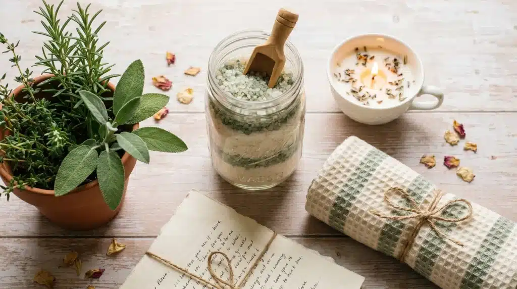 A DIY spa gift set with a glass jar of herbal bath salts, a wooden scoop, fresh sage, and a rolled cloth towel.
