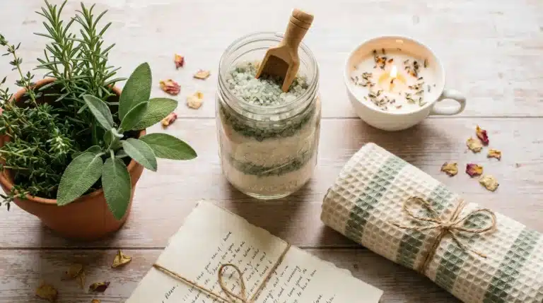 A DIY spa gift set with a glass jar of herbal bath salts, a wooden scoop, fresh sage, and a rolled cloth towel.