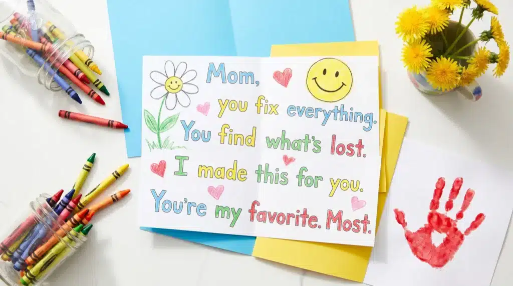 A Mother’s Day card with hearts, flowers, and a smiling sun. A red handprint and a jar of crayons are on a nearby table, along with yellow envelopes and a cup of flowers.