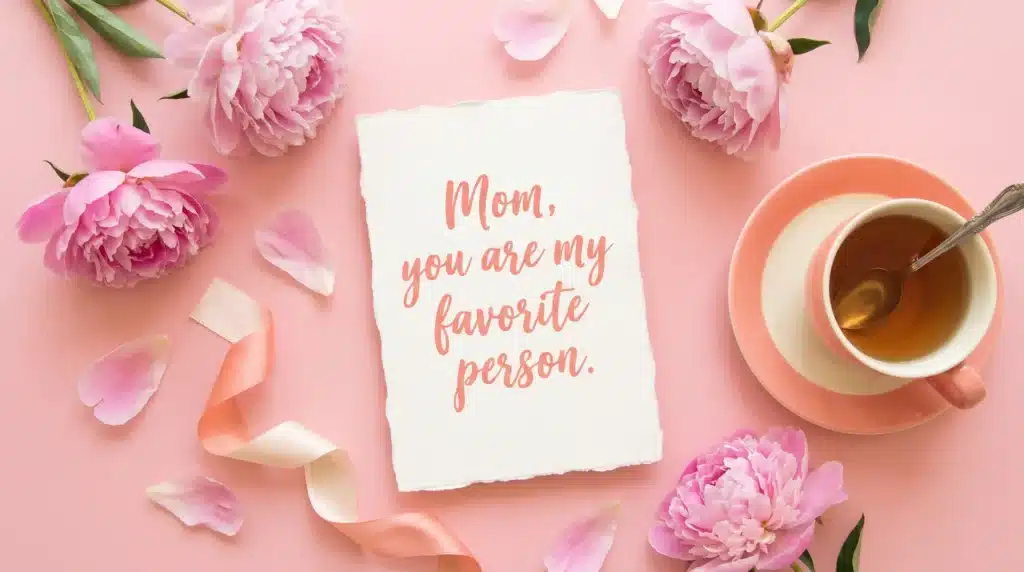 A Mother's Day card with the message Mom, you are my favorite person. surrounded by pink peonies and a cup of tea.