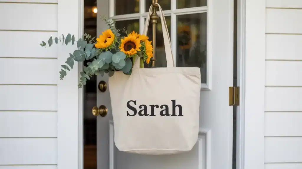 A beige tote bag with the name Sarah printed on it, holding sunflowers and eucalyptus, hanging on a door.