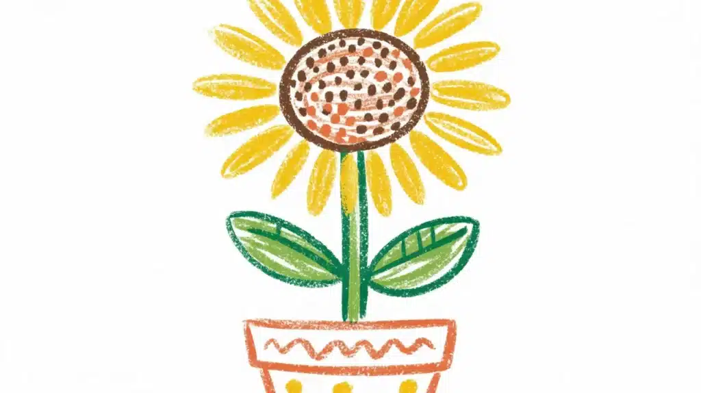 A bright drawing of a large yellow sunflower growing in a simple terracotta-colored pot with two green leaves on the stem.