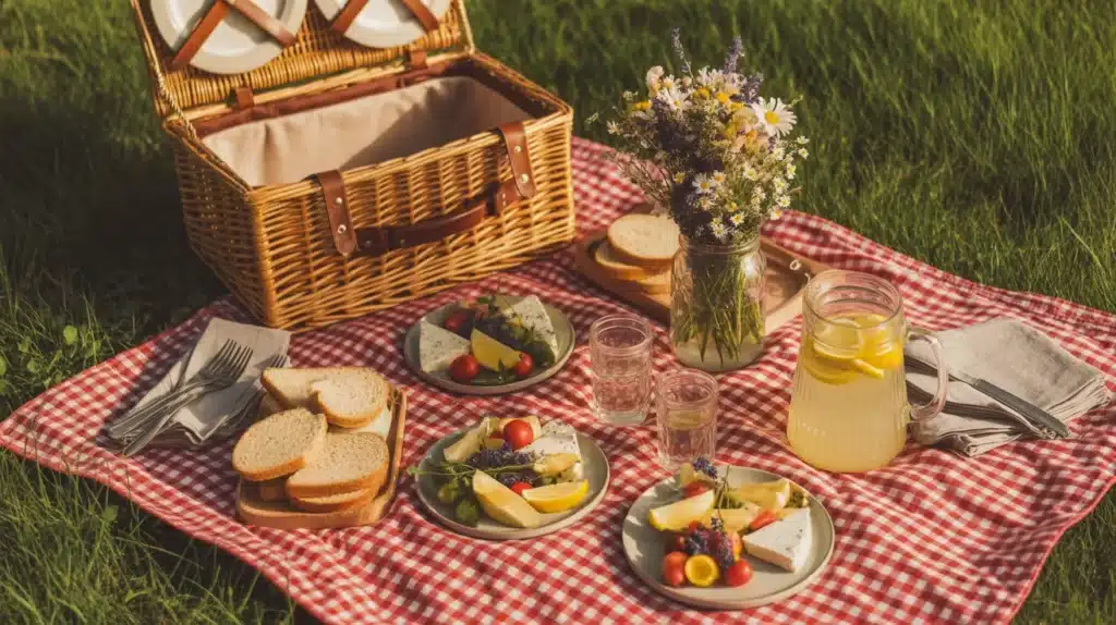 A cheerful backyard picnic setup with plates of cheese, fresh vegetables, sandwiches, lemonade, and a vase of flowers on a red-checkered blanket.