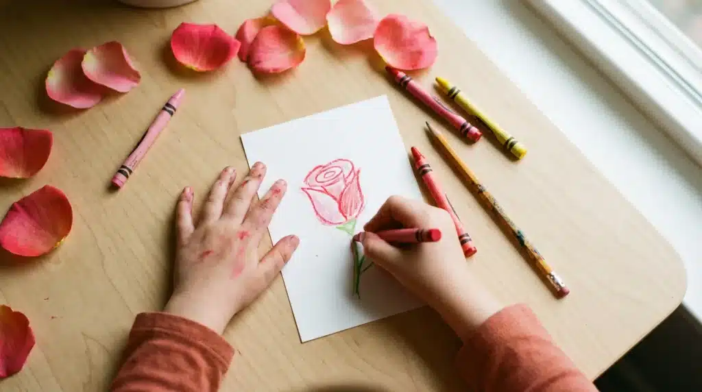 A child's hands colored with pink crayon drawing a rose on paper, surrounded by crayons and pink flower petals.