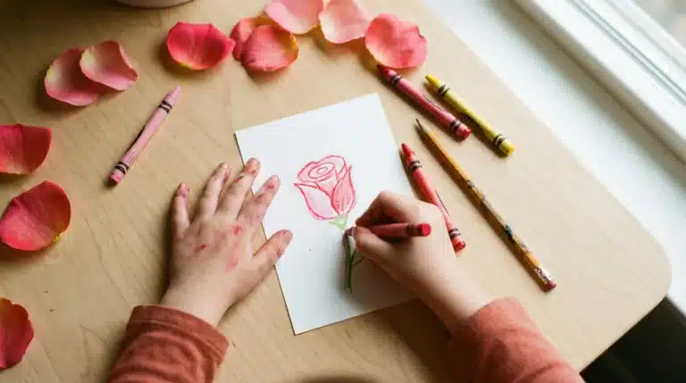 A child's hands colored with pink crayon drawing a rose on paper, surrounded by crayons and pink flower petals.