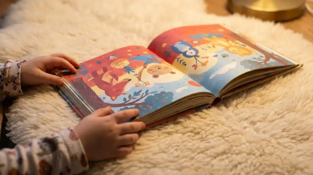 A child’s hands turning the pages of a colorful storybook with illustrations of animals, placed on a cozy, fluffy rug.