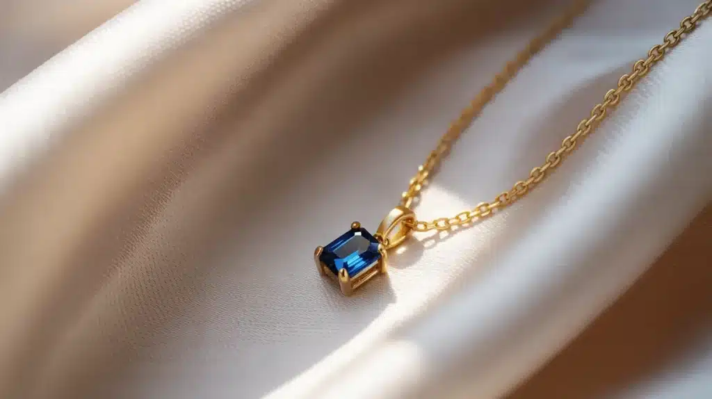 A close-up of a gold necklace with a blue gemstone pendant, resting on a soft beige fabric.