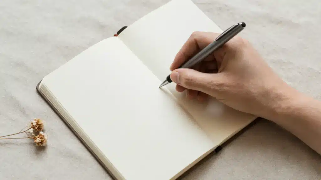 A close-up of a person’s hand writing in a blank notebook next to a small bouquet of dried flowers on a wooden desk.