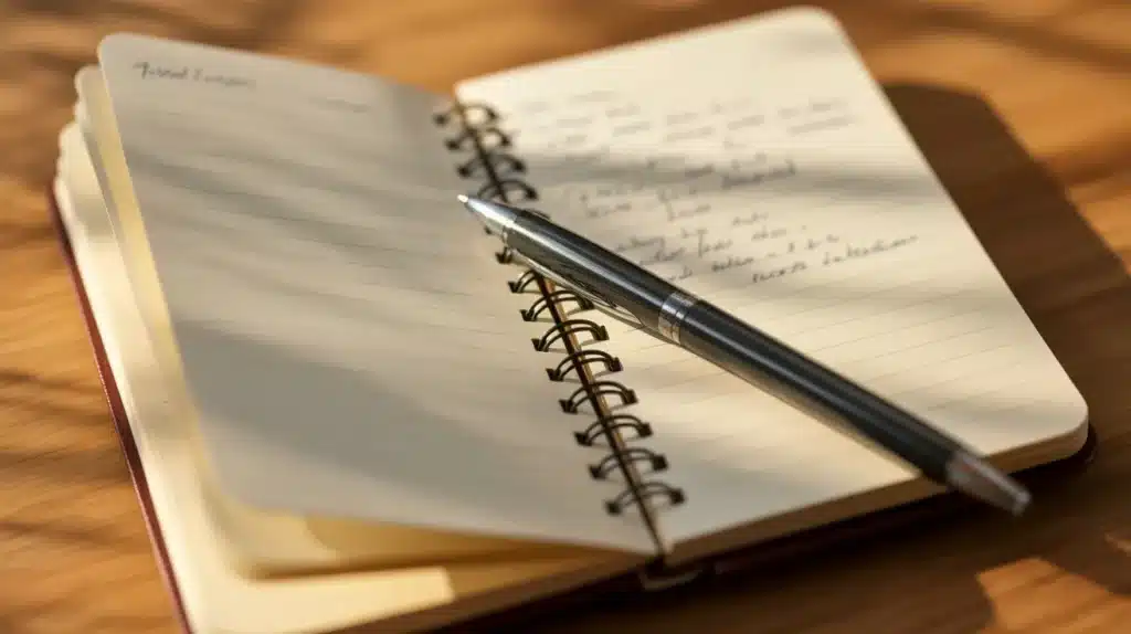 A close-up of an open journal with handwritten notes and a silver pen resting on the page, placed on a wooden surface.