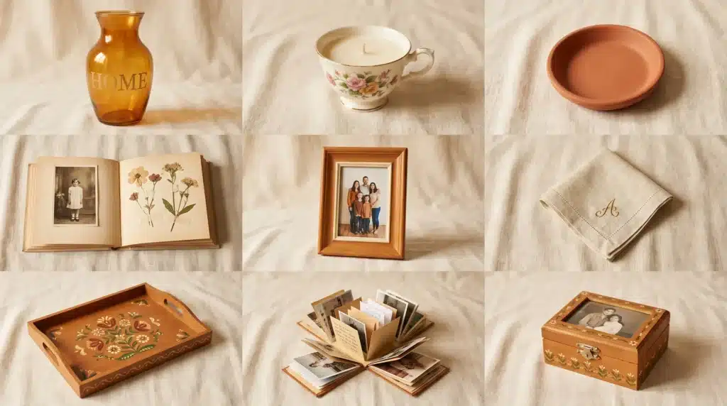 A collection of handmade home decor gifts, including a hand-painted picture frame and a personalized trinket dish