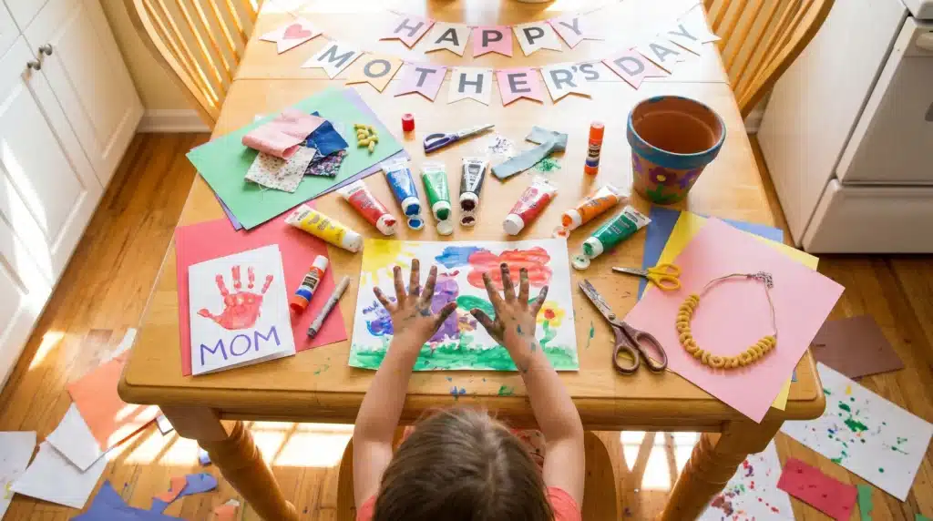 A colorful Mother's Day craft scene with a child's handprints on a card, colorful paints, scissors, construction paper, and a Happy Mother's Day banner.