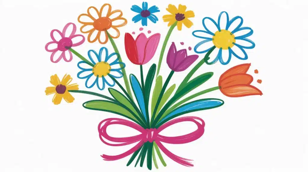 A colorful drawing of a flower bouquet with various round and pointed petals, tied together with a small blue bow.