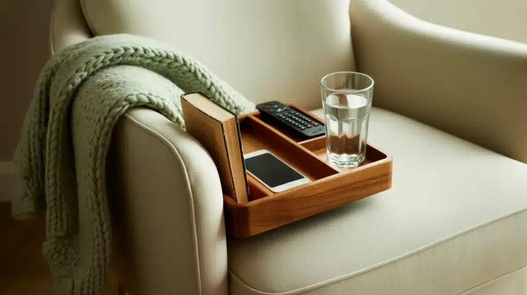 A cozy armchair with a knit throw, featuring a wooden tray holding a book, smartphone, TV remote, and a glass of water on the armrest.