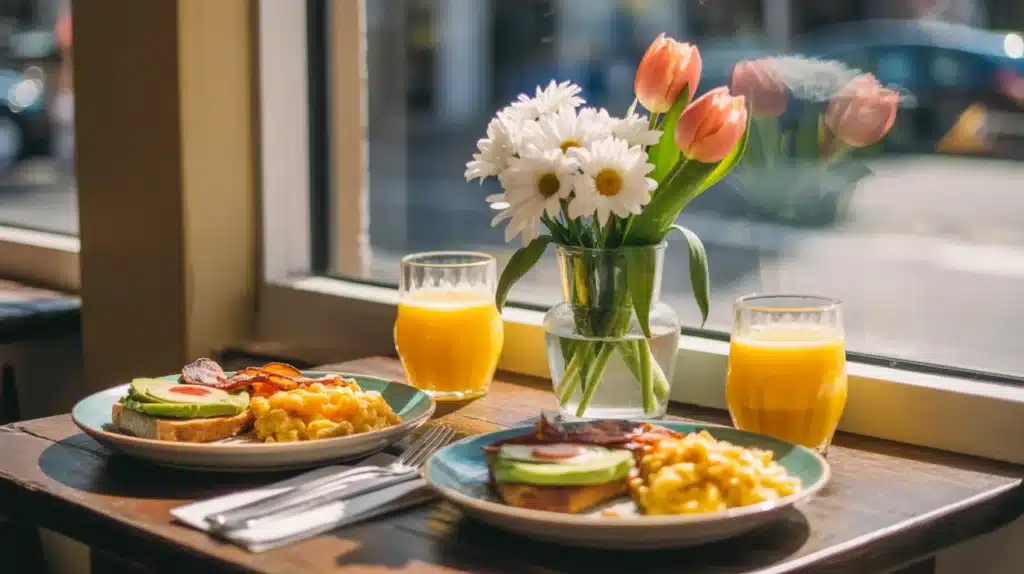 A cozy brunch setup with plates of avocado toast, scrambled eggs, bacon, orange juice, and a vase of tulips on a table by the window