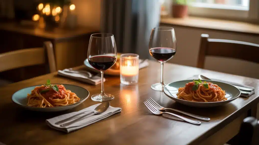 A cozy dinner setting with two plates of spaghetti, red wine glasses, and a candle on a wooden table.