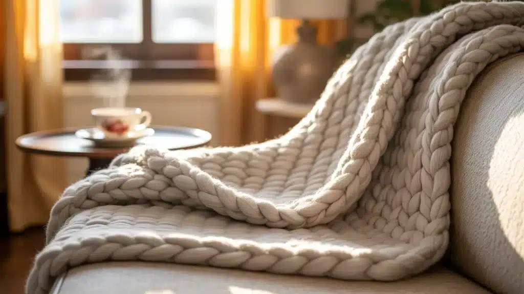 A cozy knitted weighted blanket draped over a couch, with a steaming cup of tea on a wooden table nearby, creating a warm and inviting atmosphere.