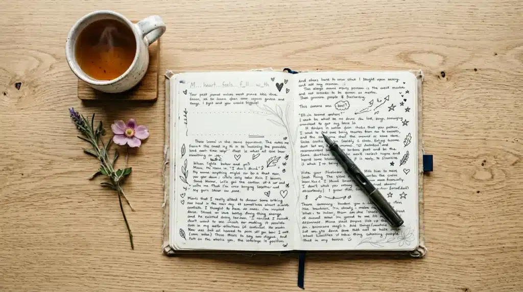 A cozy scene with a cup of tea, an open journal filled with handwritten notes, doodles, and a lavender flower resting on the page.