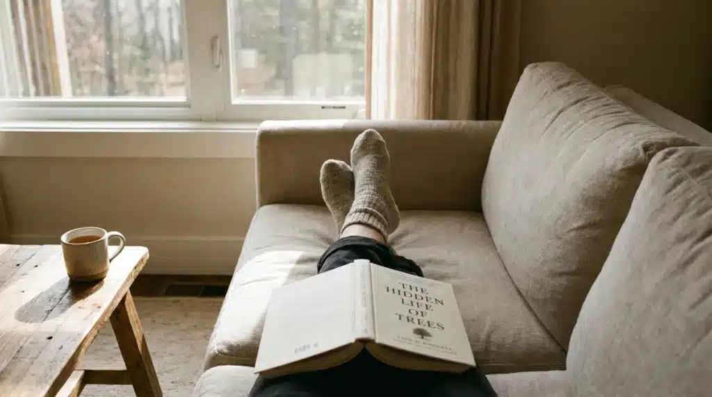 A cozy scene with a person lounging on a sofa, reading The Hidden Life of Trees while sipping tea, enjoying a restful day with cozy socks.