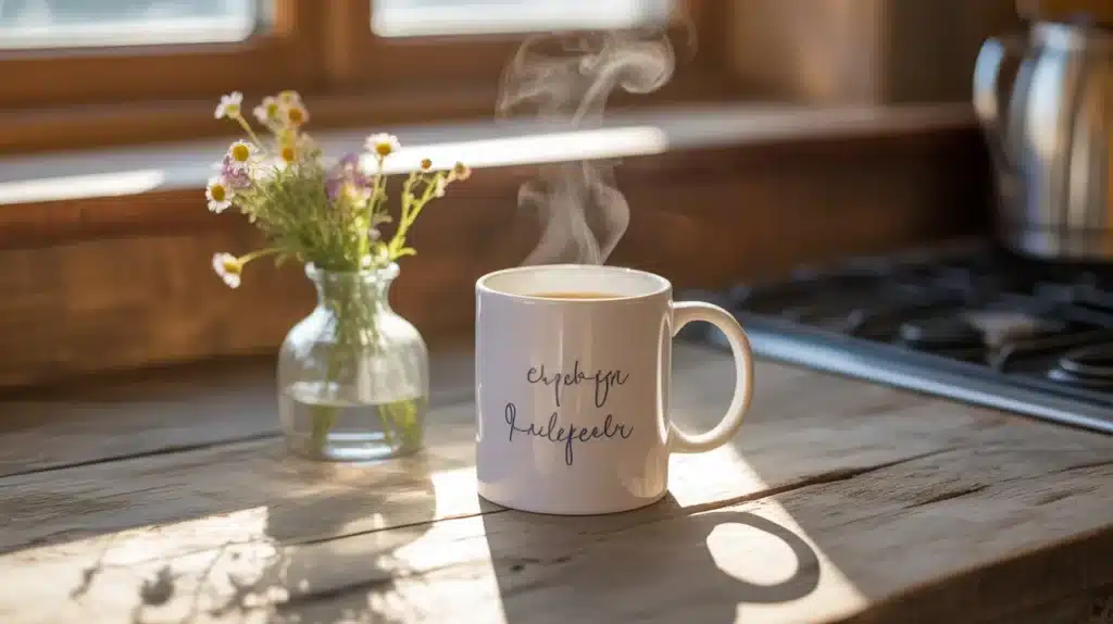 A cozy scene with a steaming mug of tea or coffee beside a vase of fresh flowers, sitting on a wooden countertop with soft natural light streaming through the window.