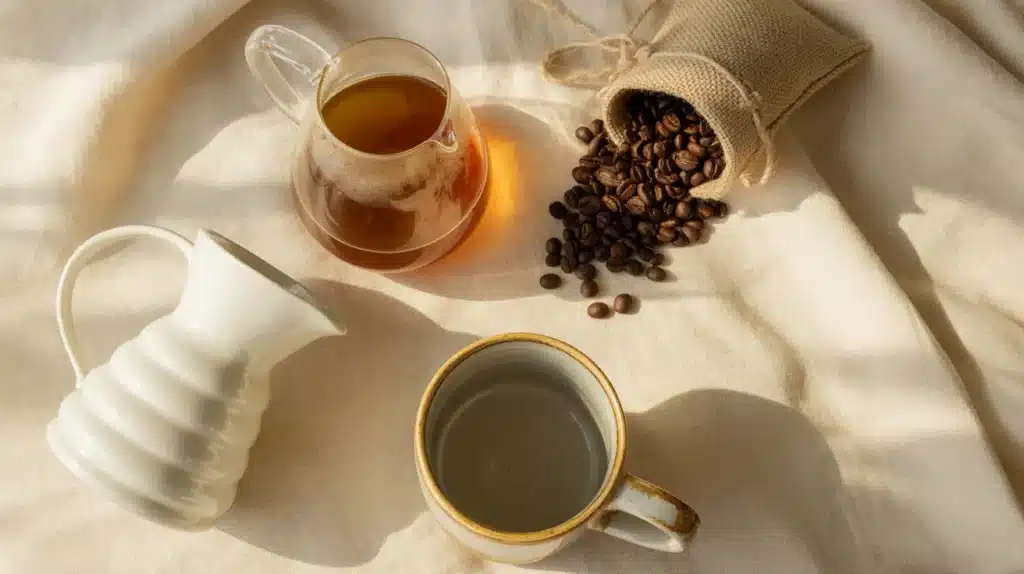 A cozy scene with coffee beans spilling from a burlap sack, a carafe of freshly brewed coffee, and an empty cup on a soft fabric surface
