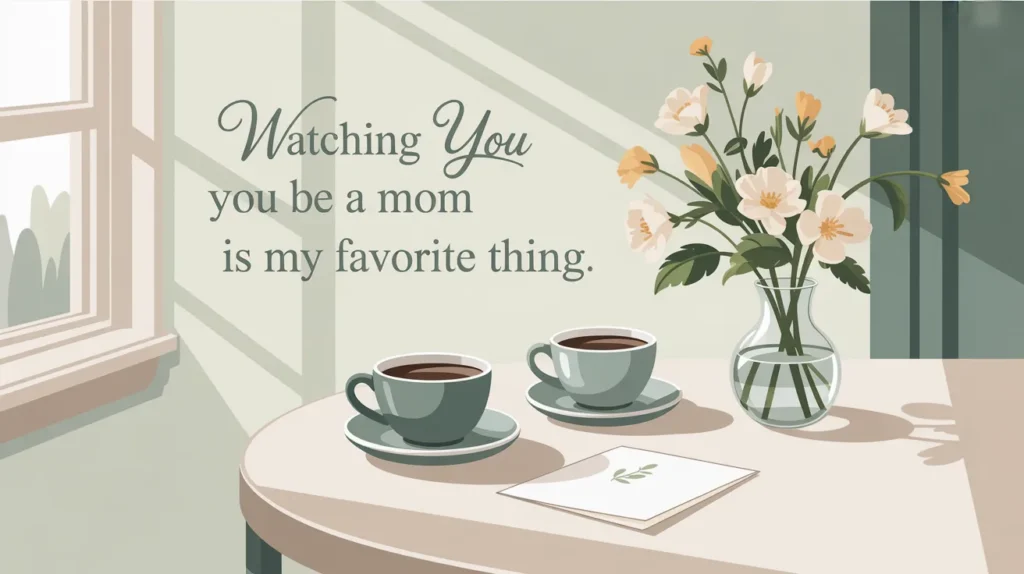 A cozy scene with two cups of coffee and a vase of flowers on a table, accompanied by the message, “Watching you be a mom is my favorite thing.