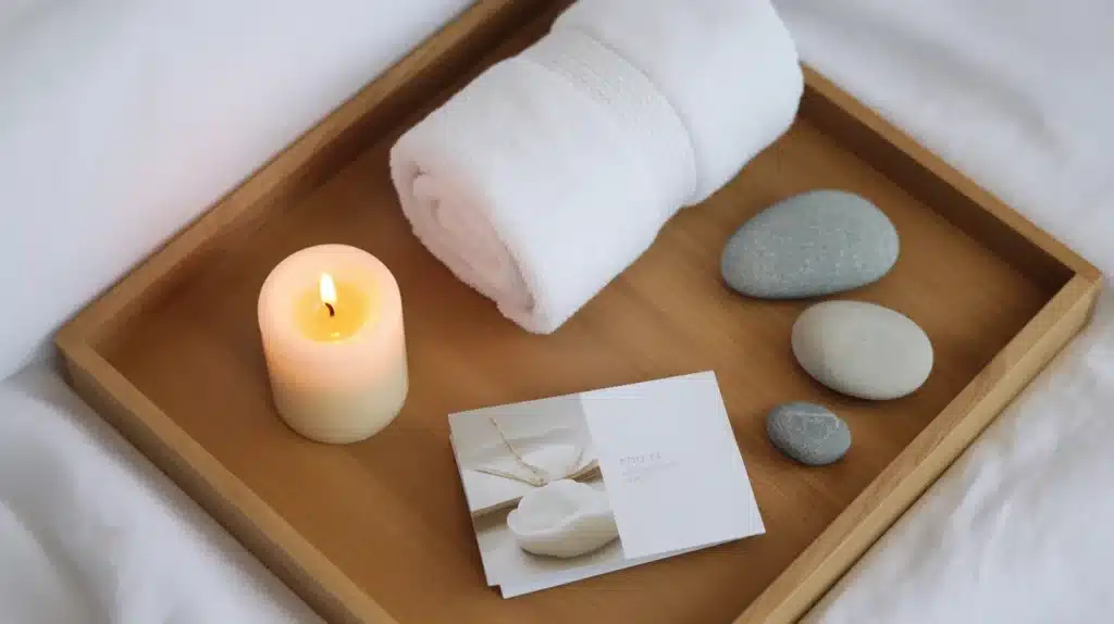 A cozy spa gift set including a rolled white towel, smooth stones, a lit candle, and a gift card, all arranged on a wooden tray.
