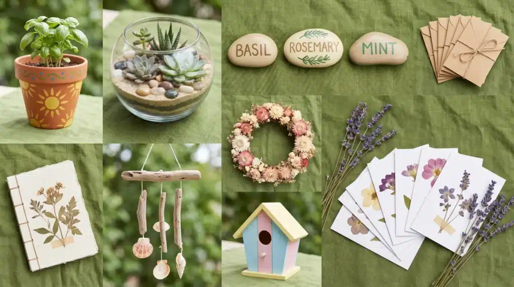A creative DIY garden gift set with hand-painted terracotta herb pots, wooden garden markers, and a small trowel.