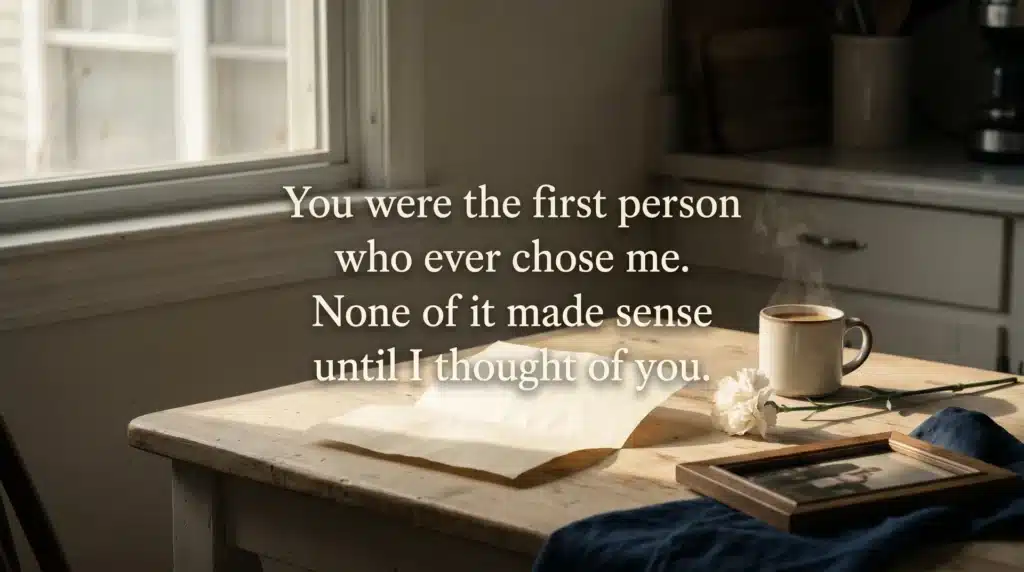 A cup of coffee, a carnation, and a photo frame on a wooden table with the quote You were the first person who ever chose me.