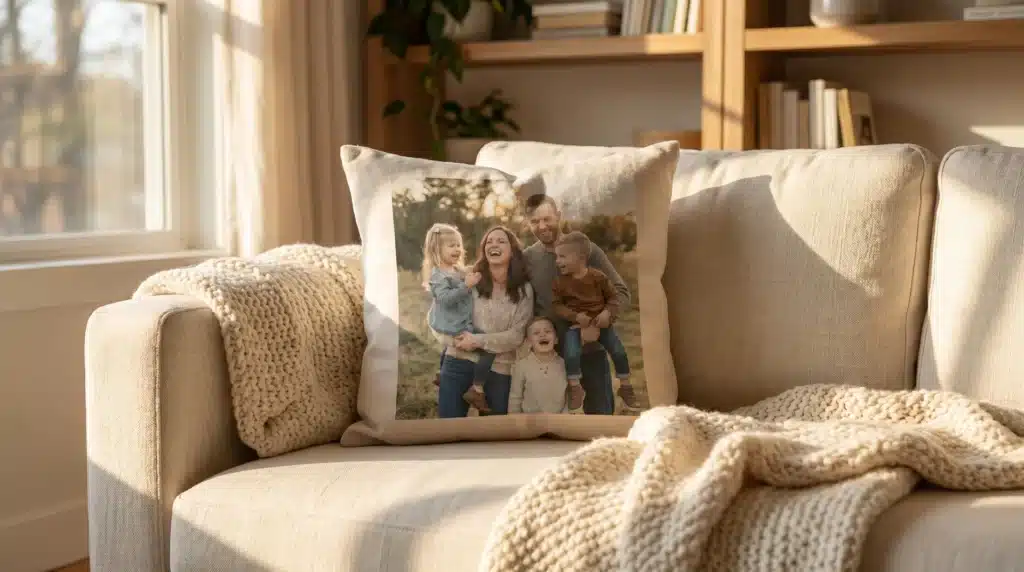 A custom photo pillow of a joyful family on a beige couch with a cozy knit blanket, bathed in sunlight.