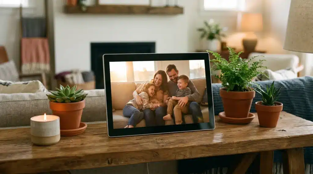 A digital photo frame displaying a family photo of a mother, father, and two children laughing together on a couch.