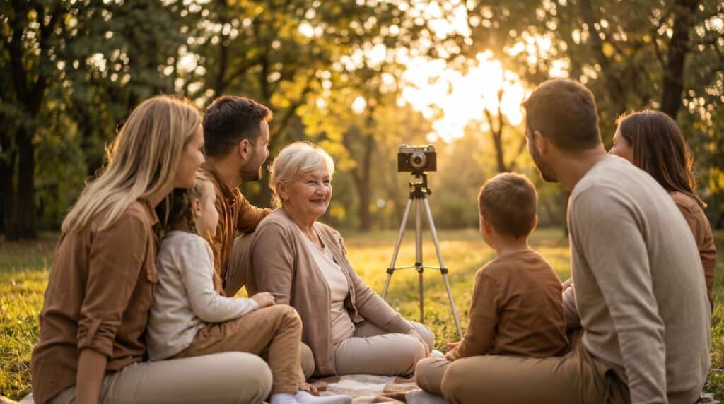 A family enjoying a photoshoot outdoors, gathered around a senior woman sitting on a blanket, smiling while a camera on a tripod captures the moment in a sunlit park.