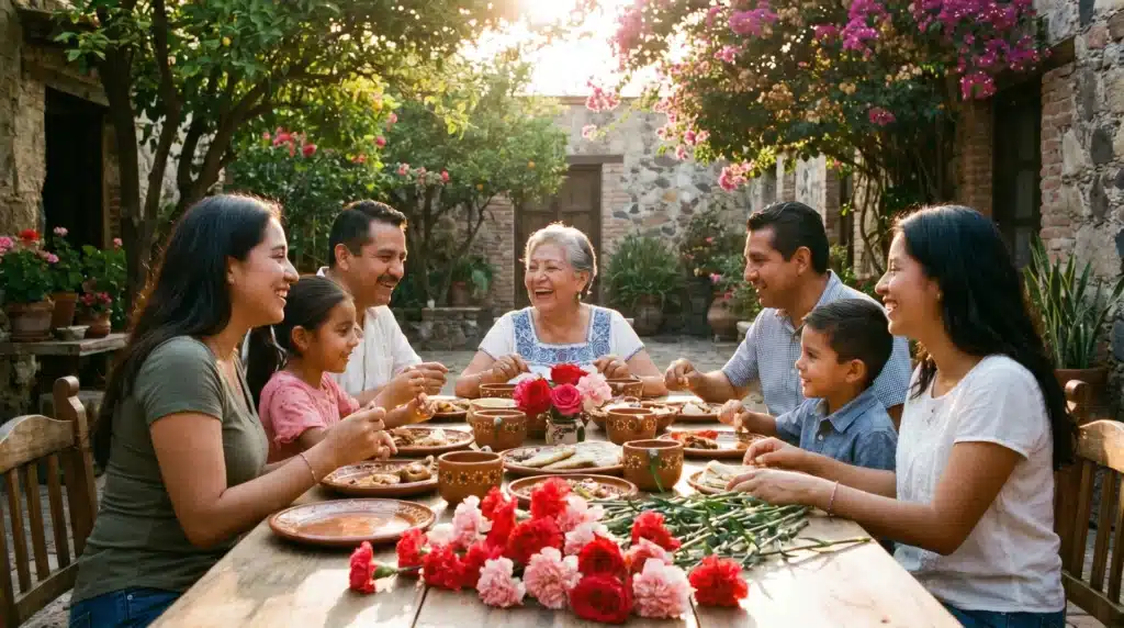 A family gathering outdoors around a meal, celebrating together with flowers and laughter, showcasing Mother's Day in Mexico.