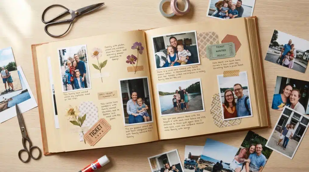 A family scrapbook open to pages with photos, notes, and memorabilia, showcasing happy memories and capturing moments of togetherness with creative touches