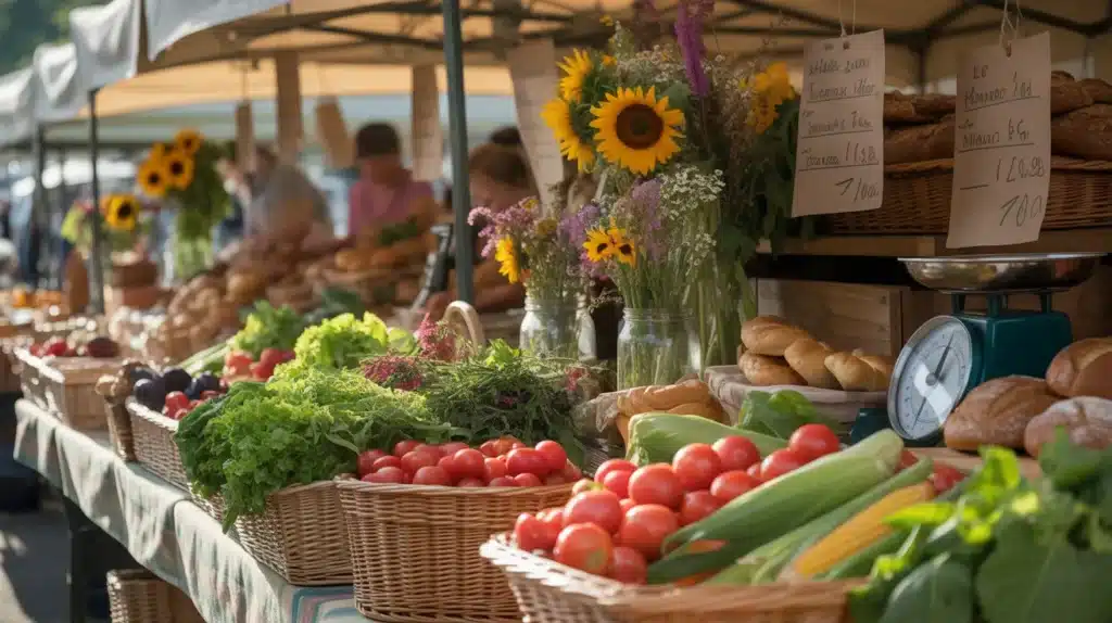 A farmers’ market stall showcasing fresh produce like tomatoes, lettuce, corn, and bread, with bouquets of sunflowers and herbs arranged in vases, creating a vibrant scene.