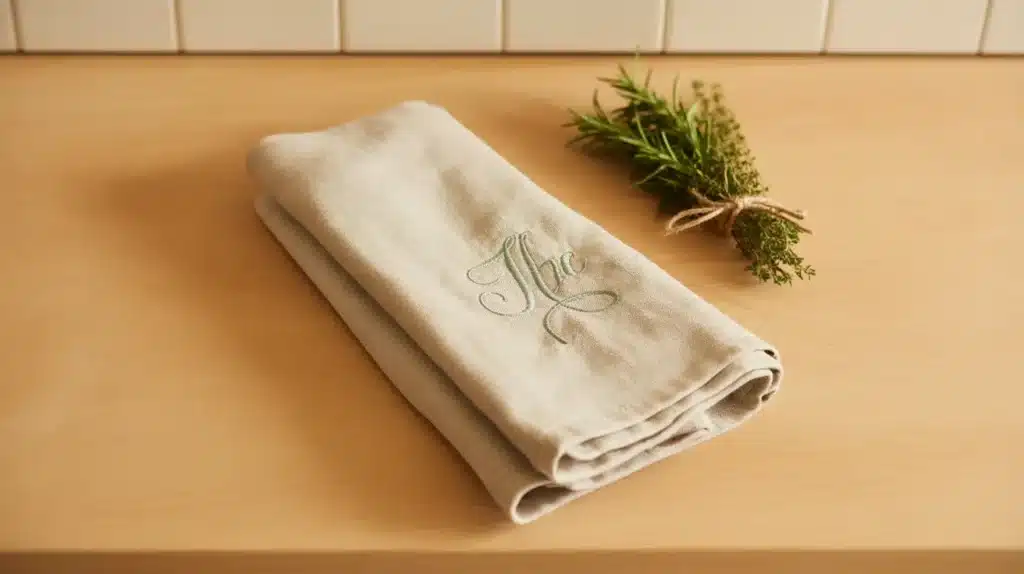 A folded linen apron with a delicate “The” monogram, accompanied by a sprig of fresh rosemary, placed on a wooden surface.