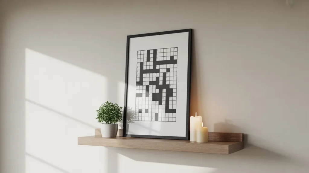 A framed crossword puzzle on a shelf with a potted plant and candles, illuminated by soft sunlight.