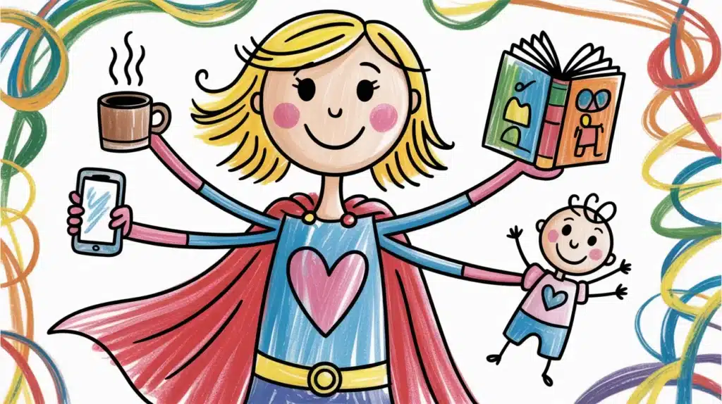 A fun “Supermom” drawing showing a mother wearing a red cape and holding a coffee cup, a phone, and a heart.