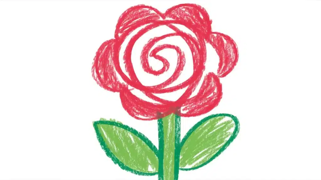 A hand-drawn sketch of a single rose with a spiral center, detailed petals, a thin stem, and two leaves