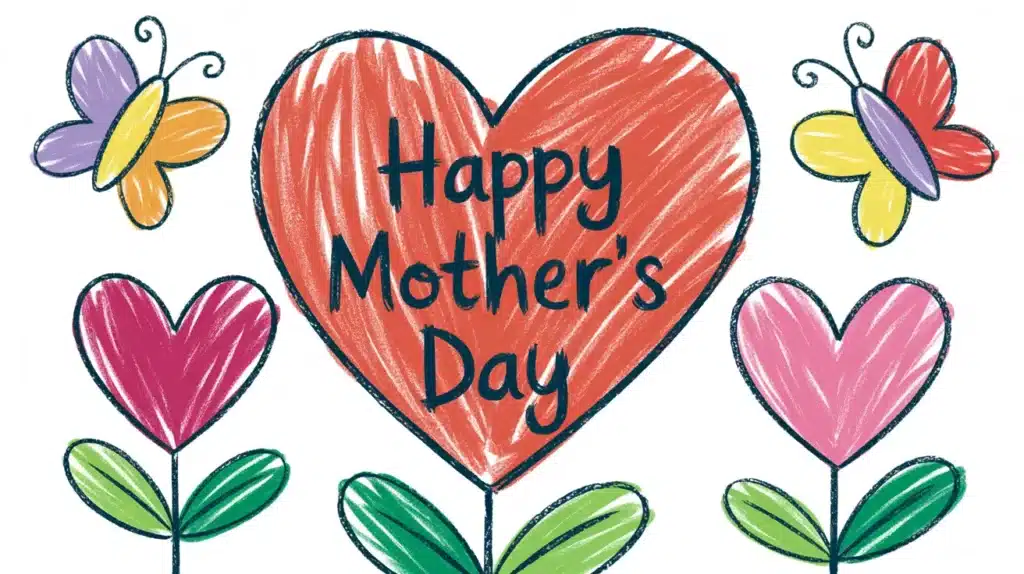 A handmade Mother’s Day card design featuring a large central heart surrounded by smaller hearts and fluttering butterflies.