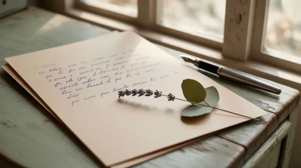 A handwritten letter with a fountain pen and sprigs of lavender and eucalyptus, softly lit by natural light.